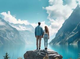 parejas mirando a un lago en el montañas foto