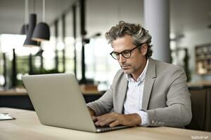 A male businessperson working near his laptop in the office photo