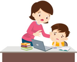 Mother Comforting son.famly and child boy bored of studying in front of the laptop png