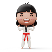 Happy child taekwondo, fighter girl wear taekwondo uniform, kid character, 3d rendering png