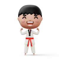 Lycklig barn taekwondo, kämpe pojke ha på sig taekwondo enhetlig, unge karaktär, 3d tolkning png