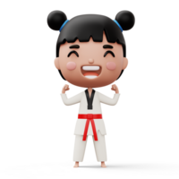 Happy child taekwondo, fighter girl wear taekwondo uniform, kid character, 3d rendering png