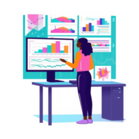 pessoas em pé atrás escrivaninha com computador a tela monitores vários gráficos e gráficos . ai gerado png