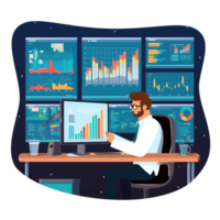 Character sitting at a table with multiple computer screens showing charts and data . AI Generated png