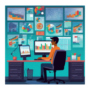 Charakter Sitzung beim ein Tabelle mit mehrere Computer Bildschirme zeigen Diagramme und Daten . ai generiert png