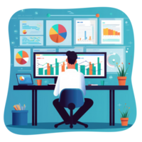 Charakter Sitzung beim ein Tabelle mit mehrere Computer Bildschirme zeigen Diagramme und Daten . ai generiert png