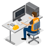 Ingenieria diseñador trabajando hombre sentado a su lugar de trabajo trabajando con computadora programa png
