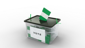 Elections in Nigeria. Ballot paper printed in Nigerian national flag colors in transparent ballot box. 3d rendering png