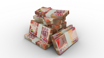 3d rendering of Stacks of 200 Ghanaian cedi notes. bundles of Ghanaian currency notes isolated on transparent background png