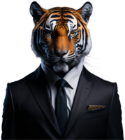 Porträt von Humanoid anthropomorph Tiger tragen Geschäftsmann passen isoliert transparent generativ ai png