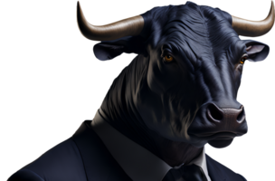 Portrait of Humanoid Anthropomorphic Black Bull Wearing Businessman Suit Isolated Transparent Generative AI png