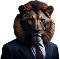 portrait de humanoïde anthropomorphe Lion portant homme d'affaire costume isolé transparent génératif ai png