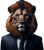 portrait de humanoïde anthropomorphe Lion portant homme d'affaire costume isolé transparent génératif ai png