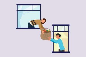 Concept of Neighbors sharing things and helping each other. Colored flat vector illustration isolated.