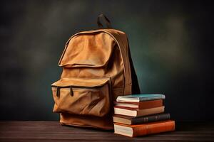 School bag and stacked of book photo