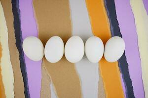 Culinary eggs flat lay on creative pastel torn papers. Food styling, still life, fine art style. photo