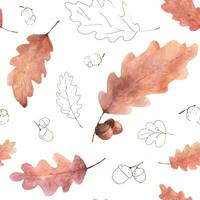 Watercolor seamless pattern autumn oak leaves on a white background vector
