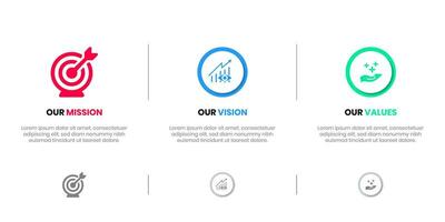 Mission Vision Values infographic Banner template. Company goal infographic design with  Modern flat icon design. vector illustration infographic icon design banner.