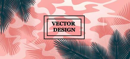 Vector background image of sea ripples and reflection of palm branches in it at sunset or sunrise. In red, pink shades