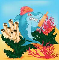 Vector image of a shark near coral reefs. Series of illustrations