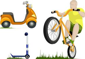 vector imagen de un hombre en un bicicleta, scooter y scooter, como un concepto de ambientalmente simpático transporte a resolver global problemas.