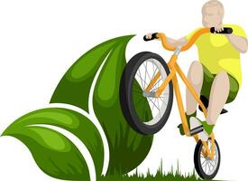 Vector image of a man on a bicycle and two leaflets as a concept for solving environmental problems