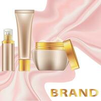 Vector background image which illustrates the element of flying silky fabric and a set of cosmetics in different containers