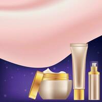 Vector background image which illustrates the element of flying silky fabric and a set of cosmetics in different containers