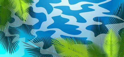 Vector background image of sea ripples and palm branches reflected in the water
