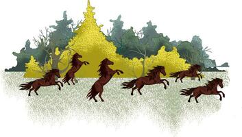 image of a silhouette of horses galloping in one direction along the field along the forest. vector