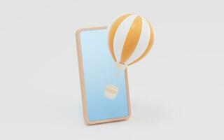 Hot air balloon and phone with white background, 3d rendering. photo