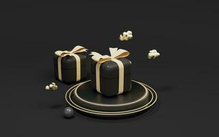 Gifts and stage with black background, 3d rendering. photo