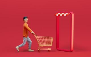 A man pushes an empty shopping cart, 3d rendering. photo