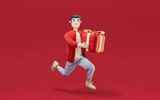 A man and gifts with red background, 3d rendering. photo