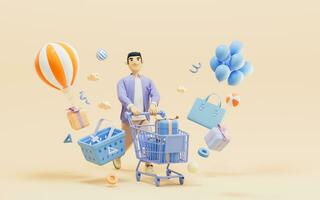 A man buy lots of gifts for using during the Spring Festival, 3d rendering. photo