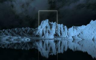 Glowing frame and snowy mountains, 3d rendering. photo