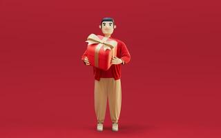 A man and gifts with red background, 3d rendering. photo