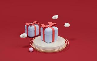 Gifts and stage with red background, 3d rendering. photo