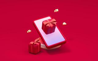 Mobile phone and gifts with red background, 3d rendering. photo