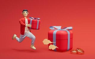 A man and gifts with red background, 3d rendering. photo