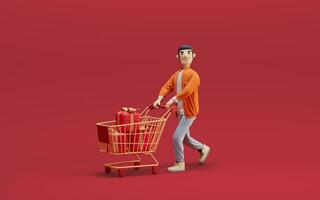 A man buy lots of gifts and put them in a shopping cart, 3d rendering. photo