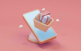 Mobile phone and gifts with pink background, 3d rendering. photo