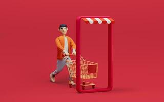 A man pushes an empty shopping cart, 3d rendering. photo