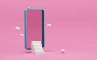 móvil teléfono y escalera con rosado fondo, 3d representación. foto
