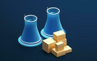 Chimenea y cajas con azul fondo, 3d representación. foto