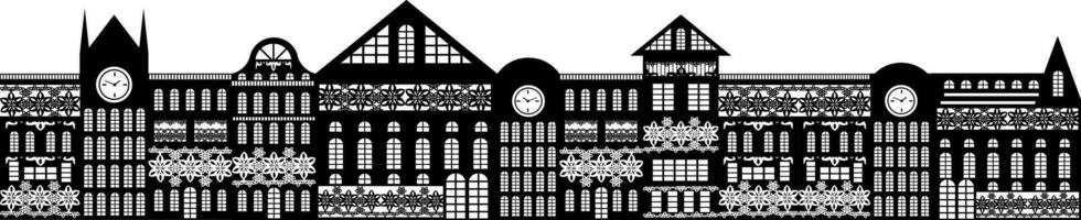 Vector image of a continuous wall, consisting of a variety of multi-storey buildings, decorated with decorative elements. EPS 10