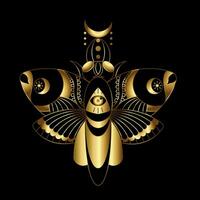 Vector image of a bohemian moth in gold outlines with elements of gilding combined with black. Geometric insect. EPS 10