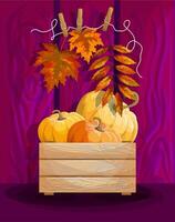 Vector image of autumn leaves and a harvest of pumpkins in a box. Cartoon style. EPS 10