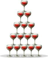 Vector image of a cascade of glasses with red wine. Hand drawn art. EPS 10