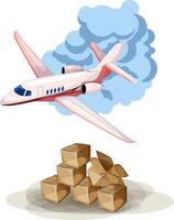 Vector image of an airplane in the sky and stacked boxes on the ground. The concept of freight and postage. Cartoon style. EPS